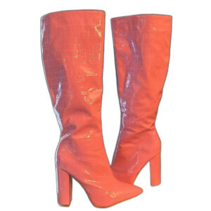 Pink Faux Patent Leather High Heel Boots
